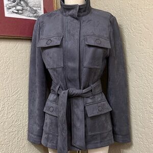 White House Black Market faux Suede Belted Utility Jacket - Gray XS